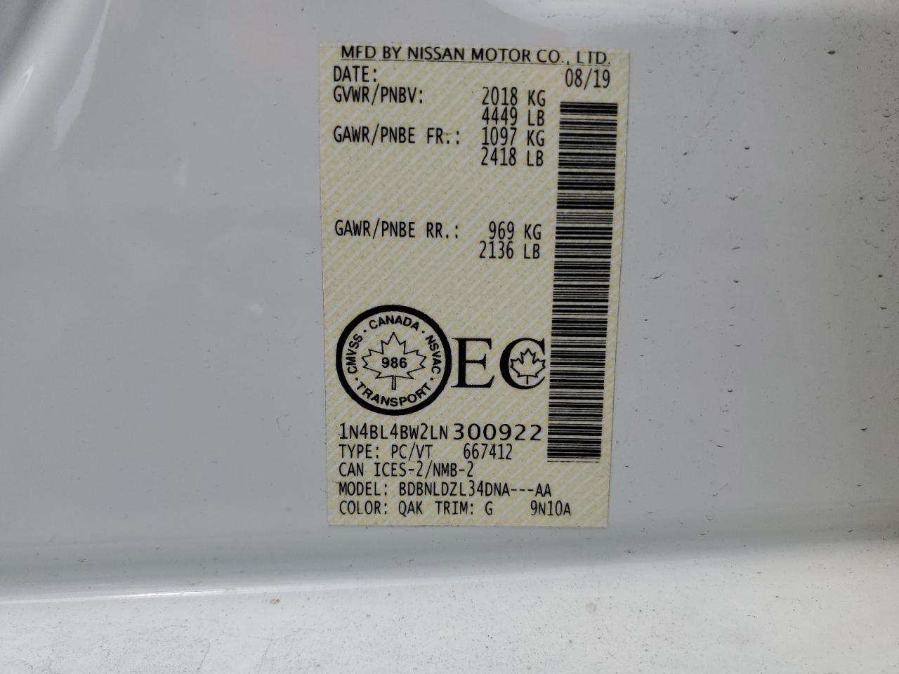 1N4BL4BW2LN300922 NISSAN ALTIMA 2020