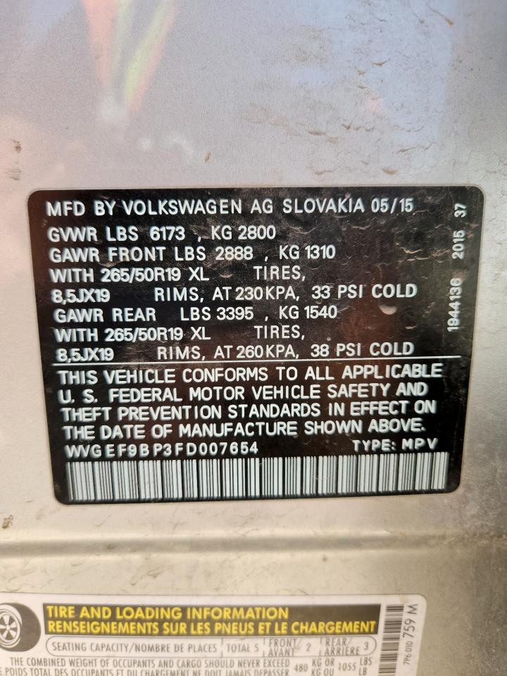 2015 Volkswagen Touareg V6 VIN: WVGEF9BP3FD007654 Lot: 62220115