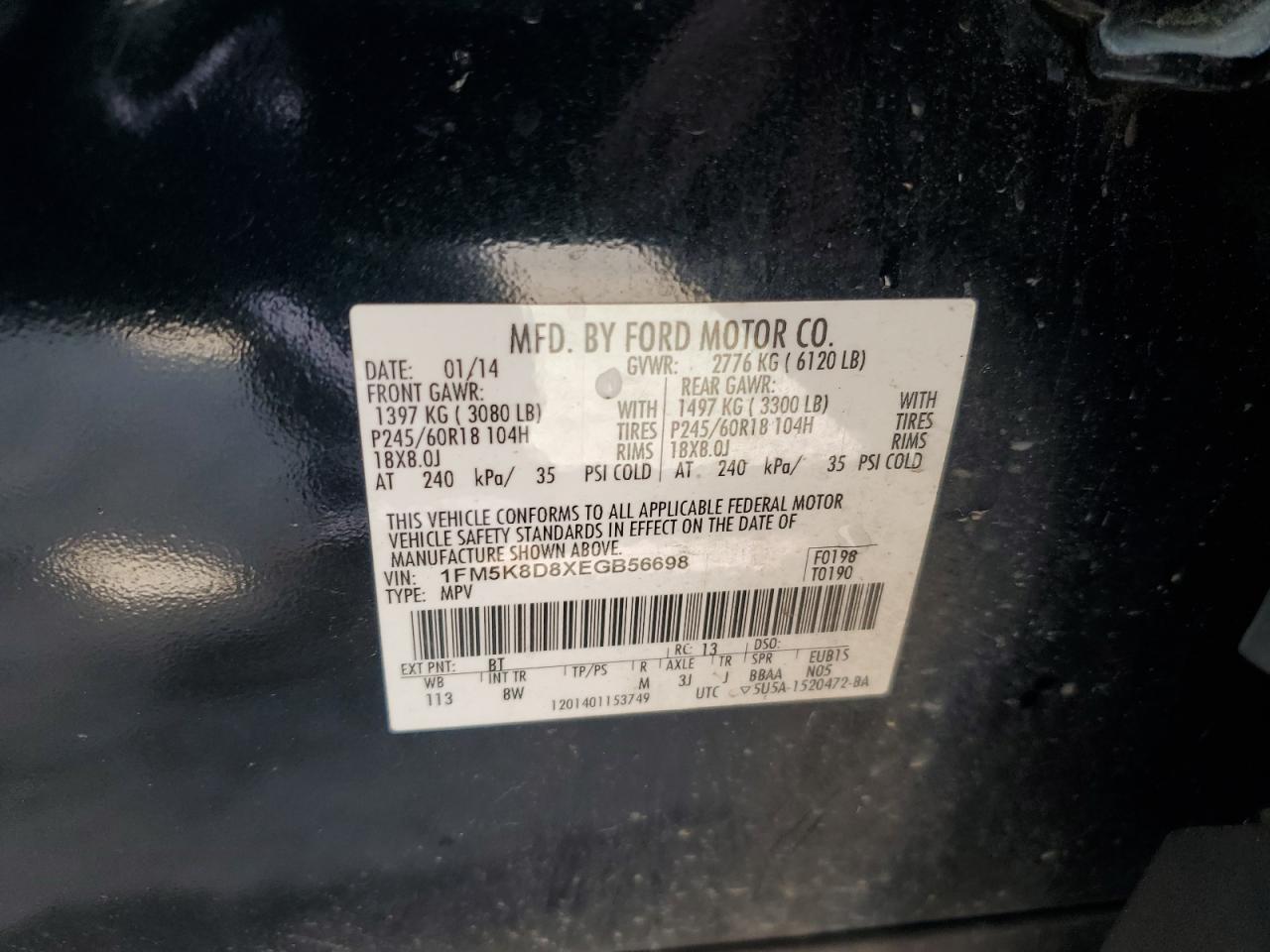 2014 Ford Explorer Xlt VIN: 1FM5K8D8XEGB56698 Lot: 61931335