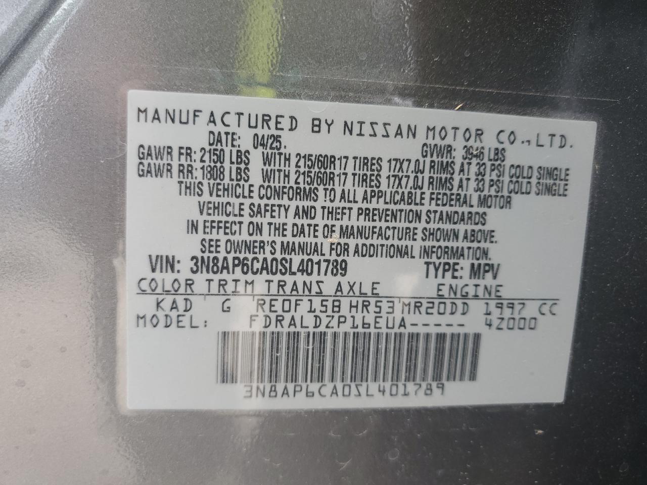 2025 Nissan Kicks Sv VIN: 3N8AP6CA0SL401789 Lot: 62557425