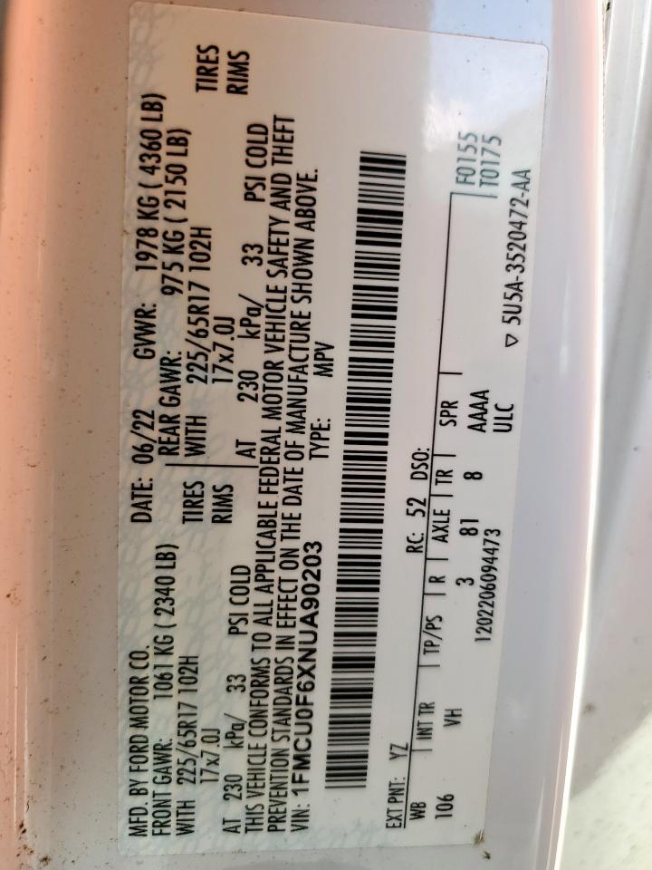 2022 Ford Escape S VIN: 1FMCU0F6XNUA90203 Lot: 62014485