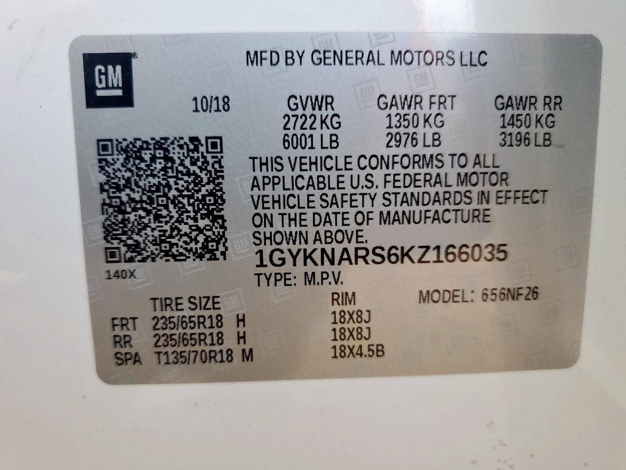 2019 Cadillac Xt5 VIN: 1GYKNARS6KZ166035 Lot: 62190065