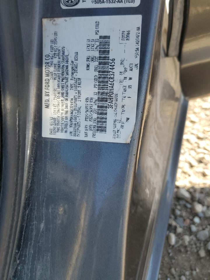2012 Ford Fusion Se VIN: 3FAHP0HA6CR374456 Lot: 62920435