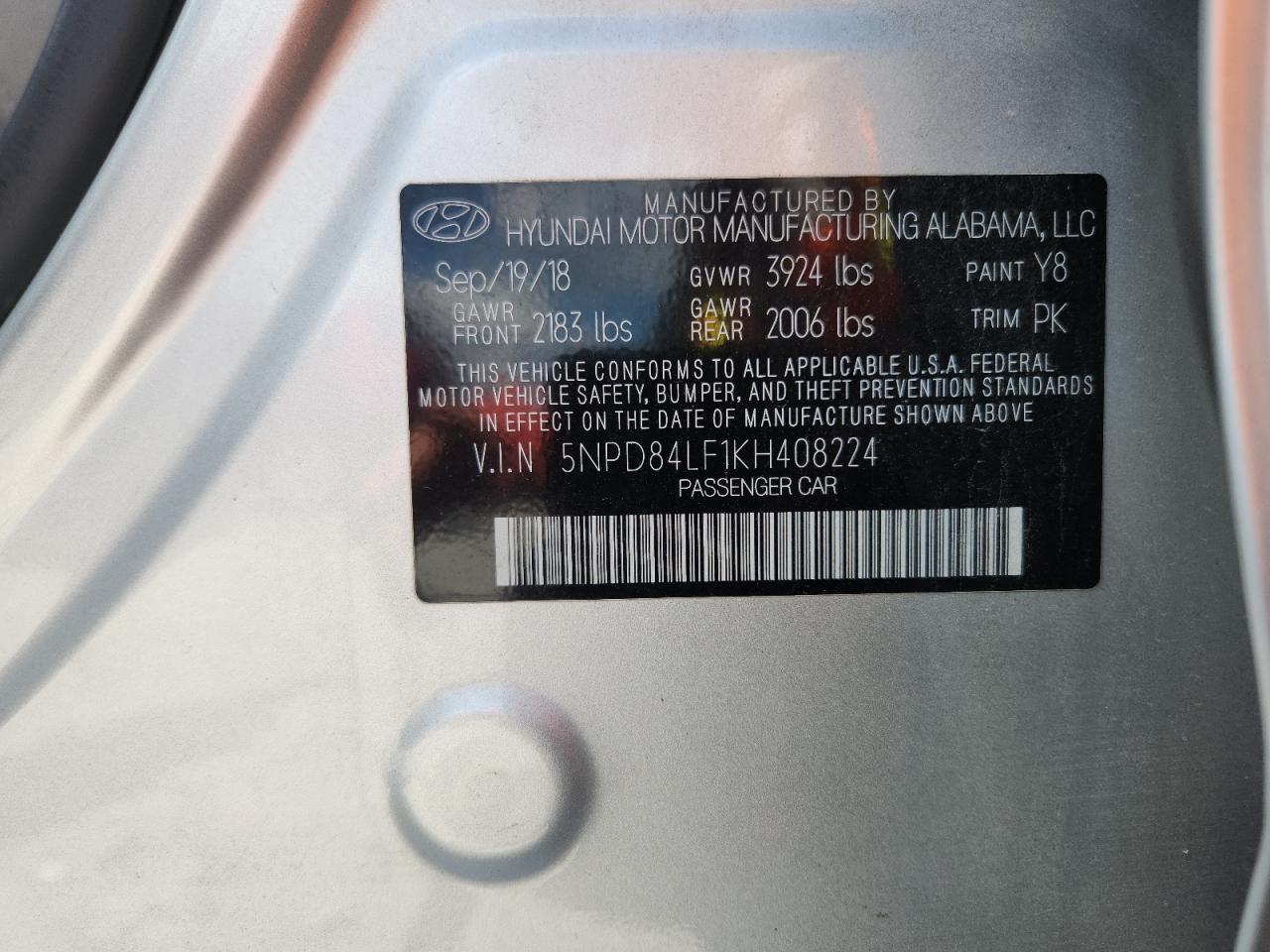 2019 Hyundai Elantra Sel VIN: 5NPD84LF1KH408224 Lot: 62214335