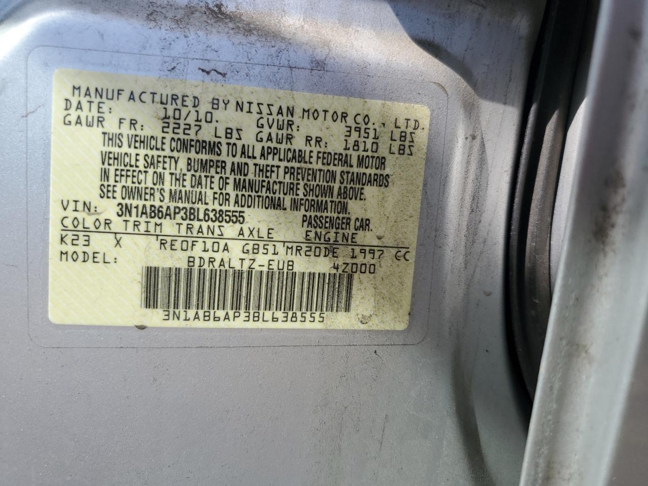 2011 Nissan Sentra 2.0 VIN: 3N1AB6AP3BL638555 Lot: 62495185