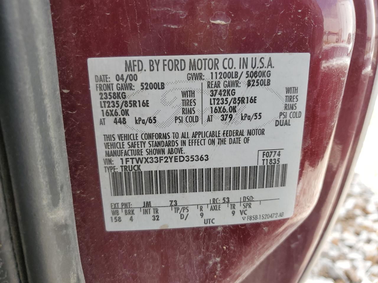 2000 Ford F350 Super Duty VIN: 1FTWX33F2YED35363 Lot: 60275445