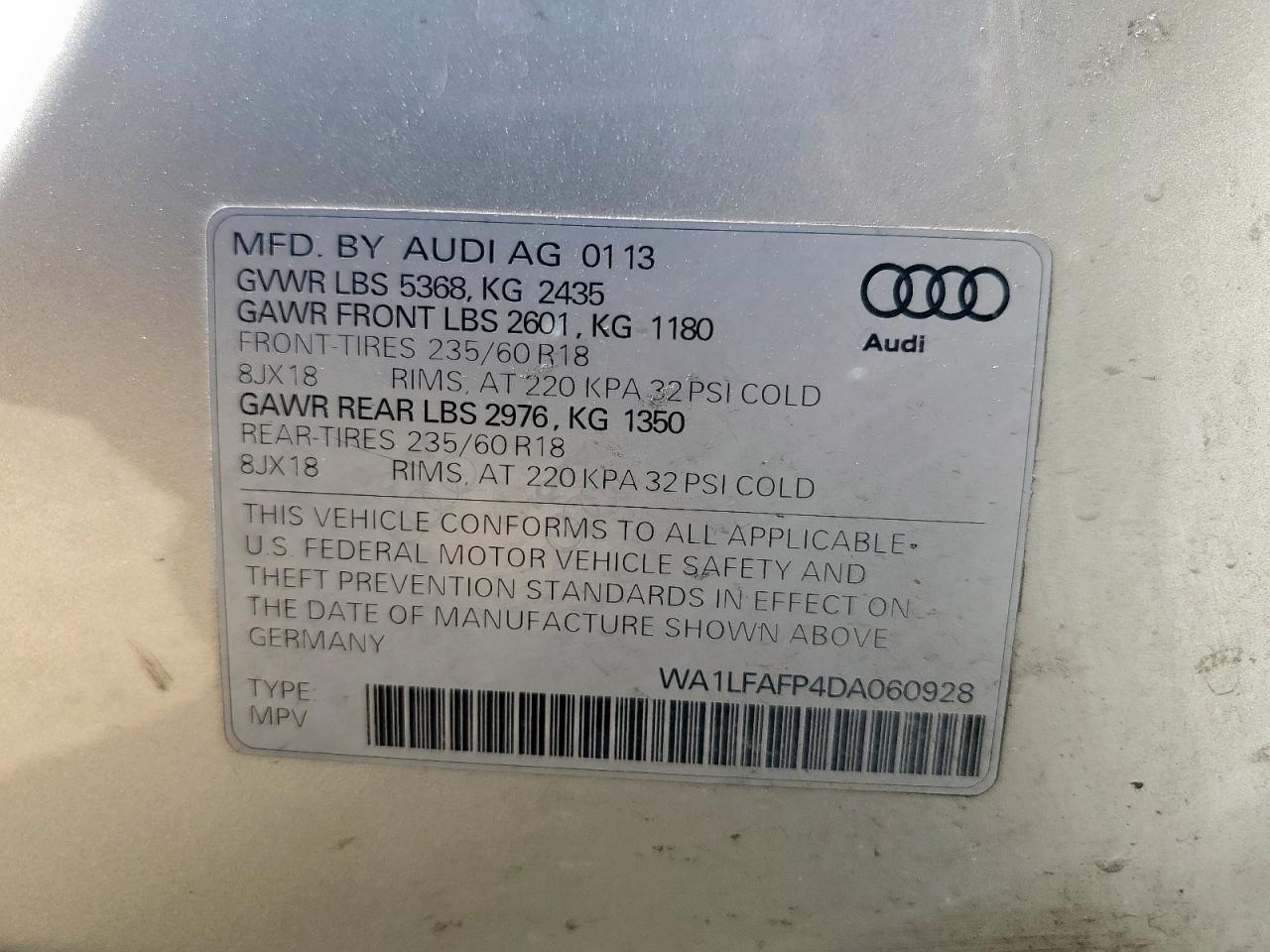 2013 Audi Q5 Premium Plus VIN: WA1LFAFP4DA060928 Lot: 61405235