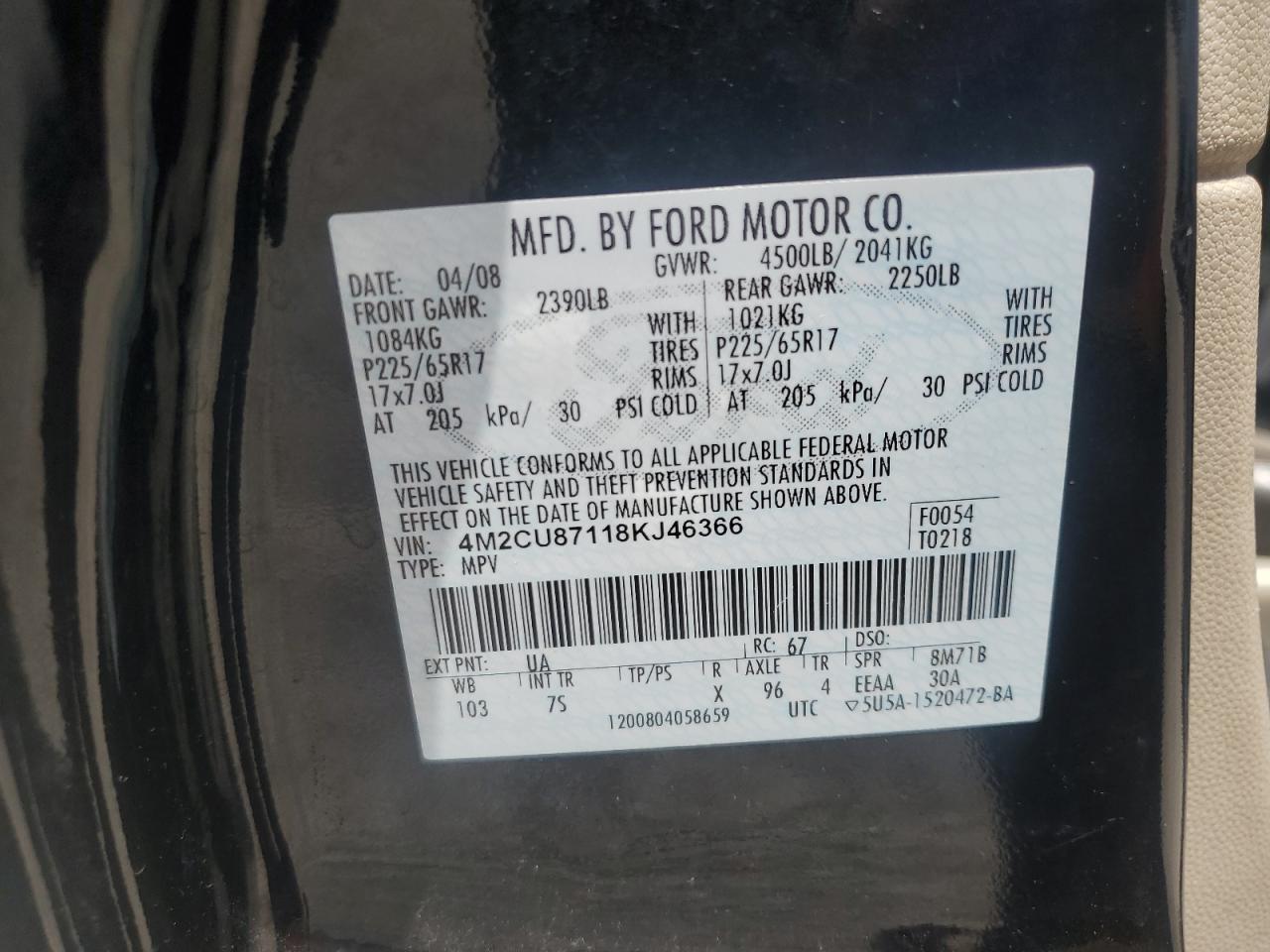 2008 Mercury Mariner Premier VIN: 4M2CU87118KJ46366 Lot: 62339225
