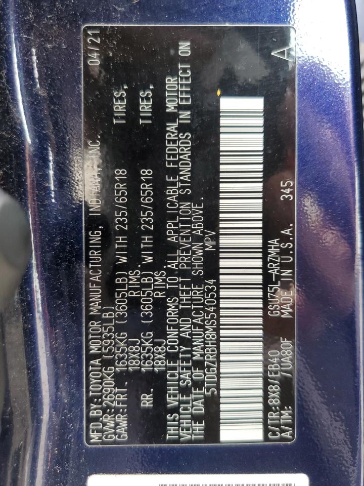 2021 Toyota Highlander Xle VIN: 5TDGZRBH8MS540534 Lot: 60990435