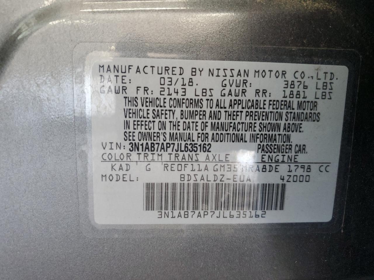 2018 Nissan Sentra S VIN: 3N1AB7AP7JL635162 Lot: 62701175