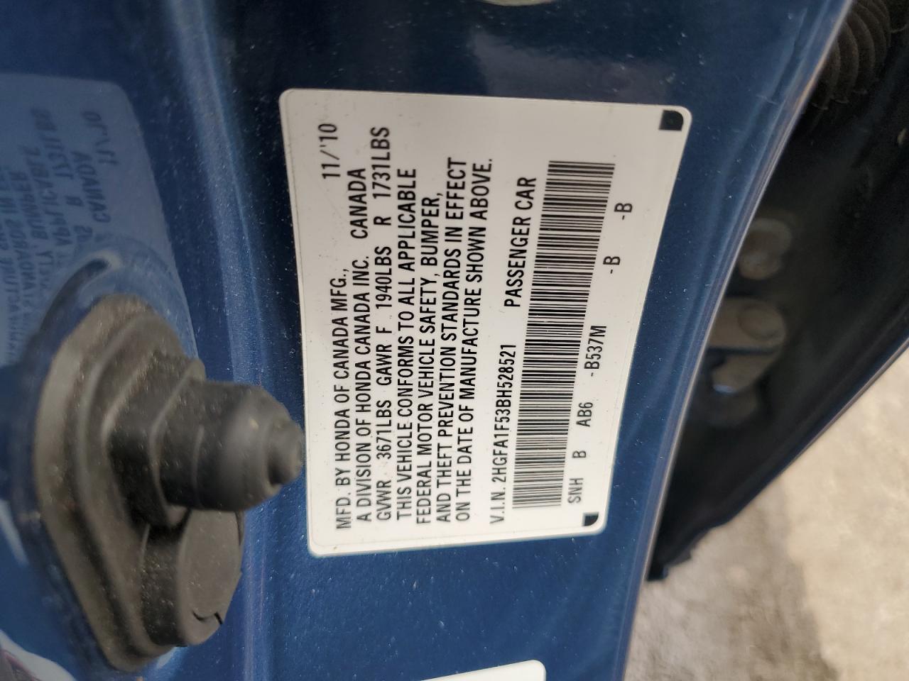 2011 Honda Civic Lx VIN: 2HGFA1F53BH528521 Lot: 62853085
