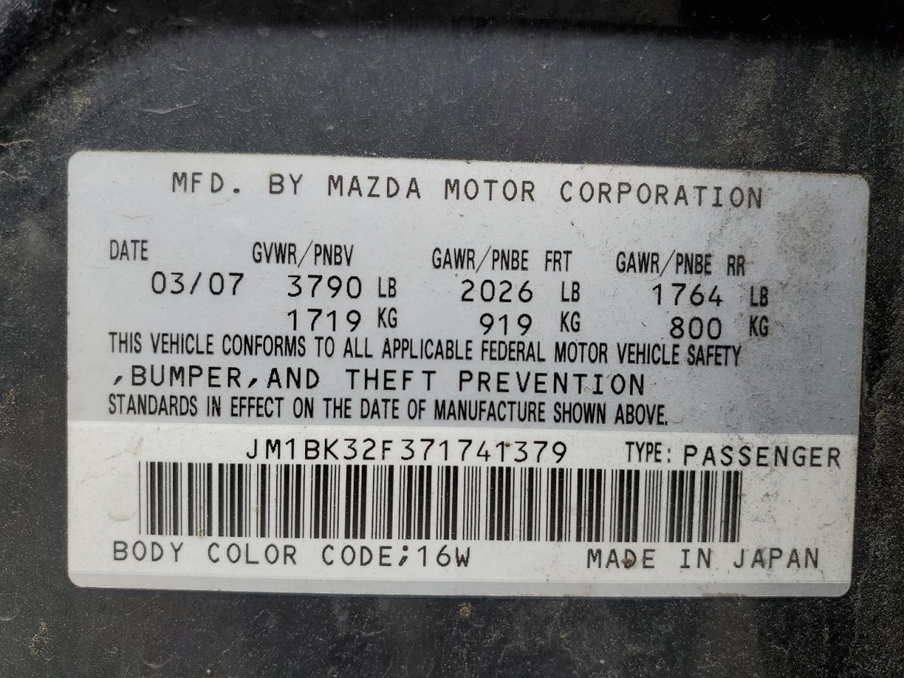 2007 Mazda 3 I VIN: JM1BK32F371741379 Lot: 59967805