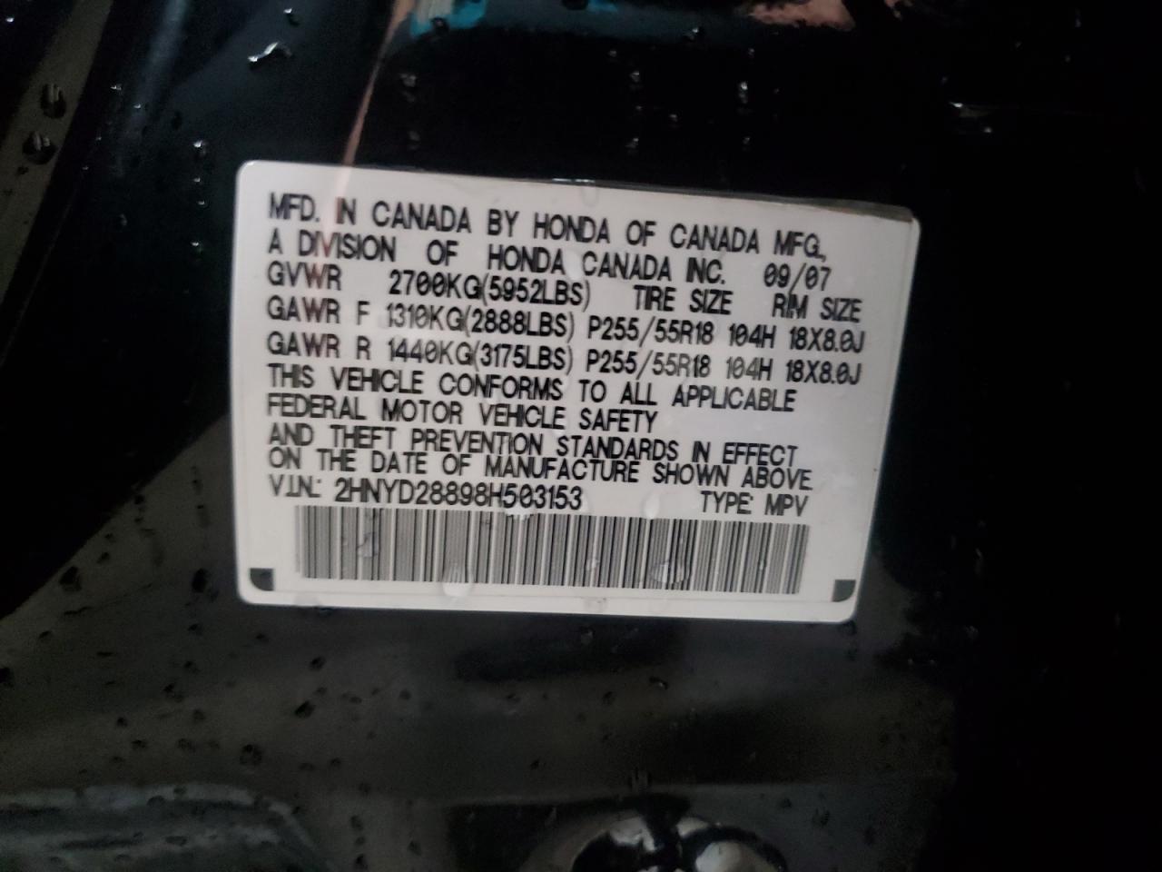 2008 Acura Mdx Sport VIN: 2HNYD28898H503153 Lot: 62295175