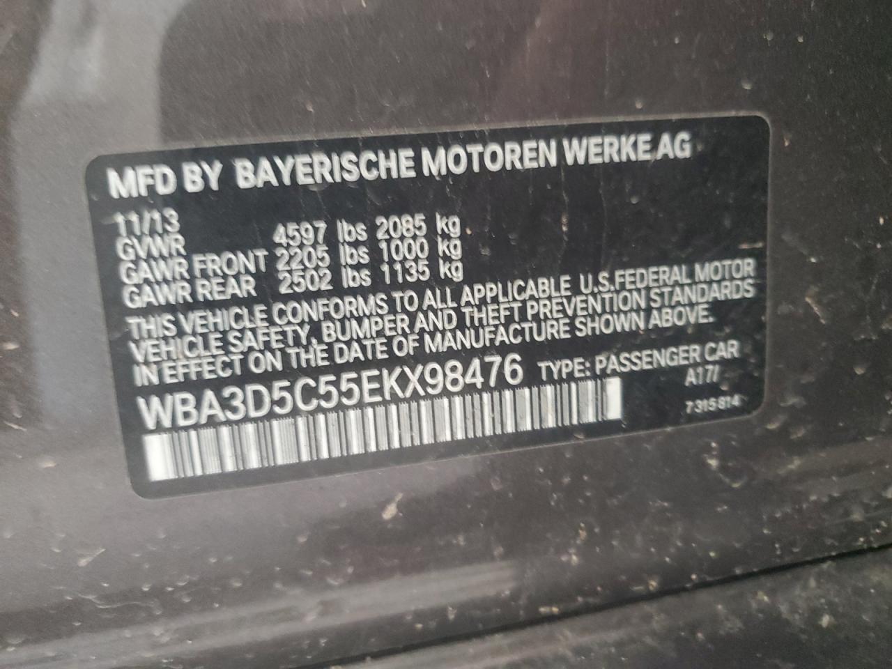 2014 BMW 328 D xDrive VIN: WBA3D5C55EKX98476 Lot: 62317905