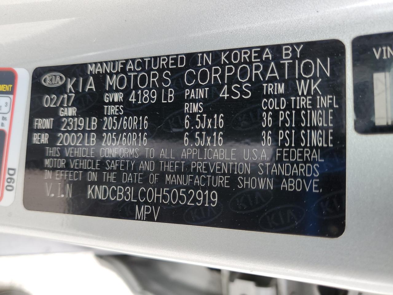 2017 Kia Niro Fe VIN: KNDCB3LC0H5052919 Lot: 59793855