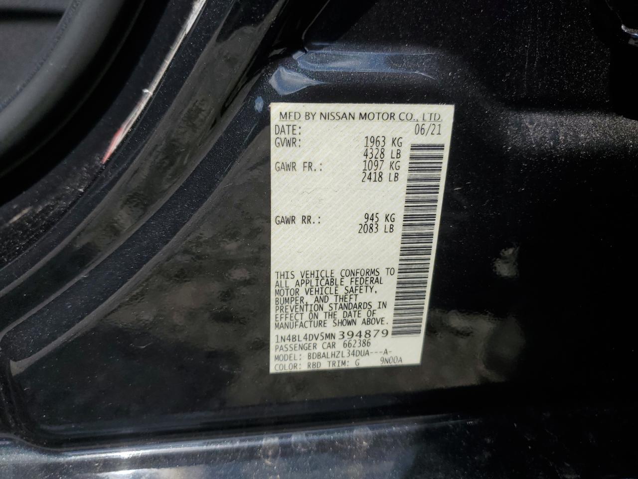 2021 Nissan Altima Sv VIN: 1N4BL4DV5MN394879 Lot: 61829925