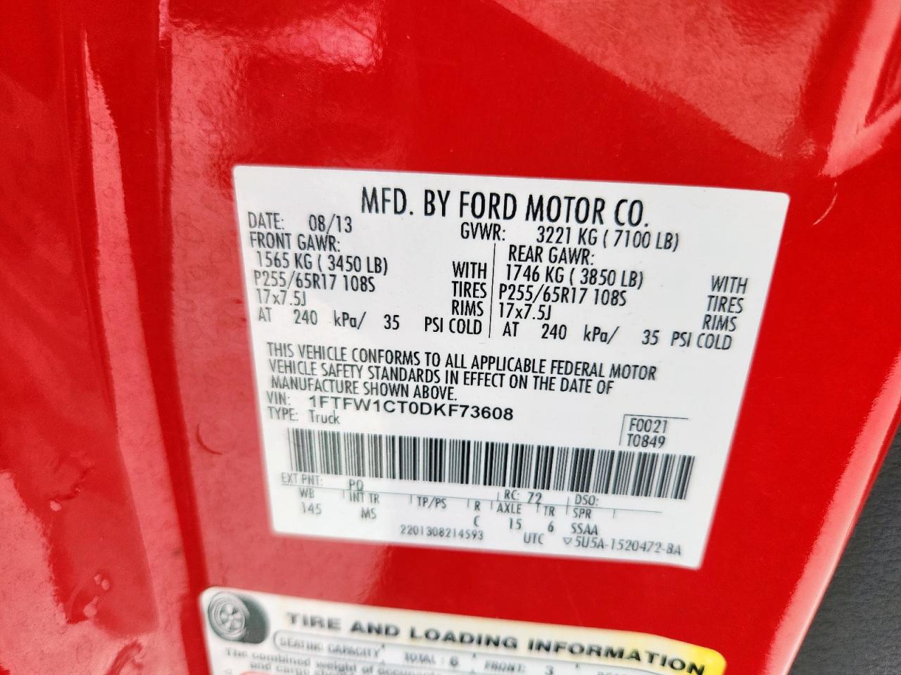 2013 Ford F150 Supercrew VIN: 1FTFW1CT0DKF73608 Lot: 63030895