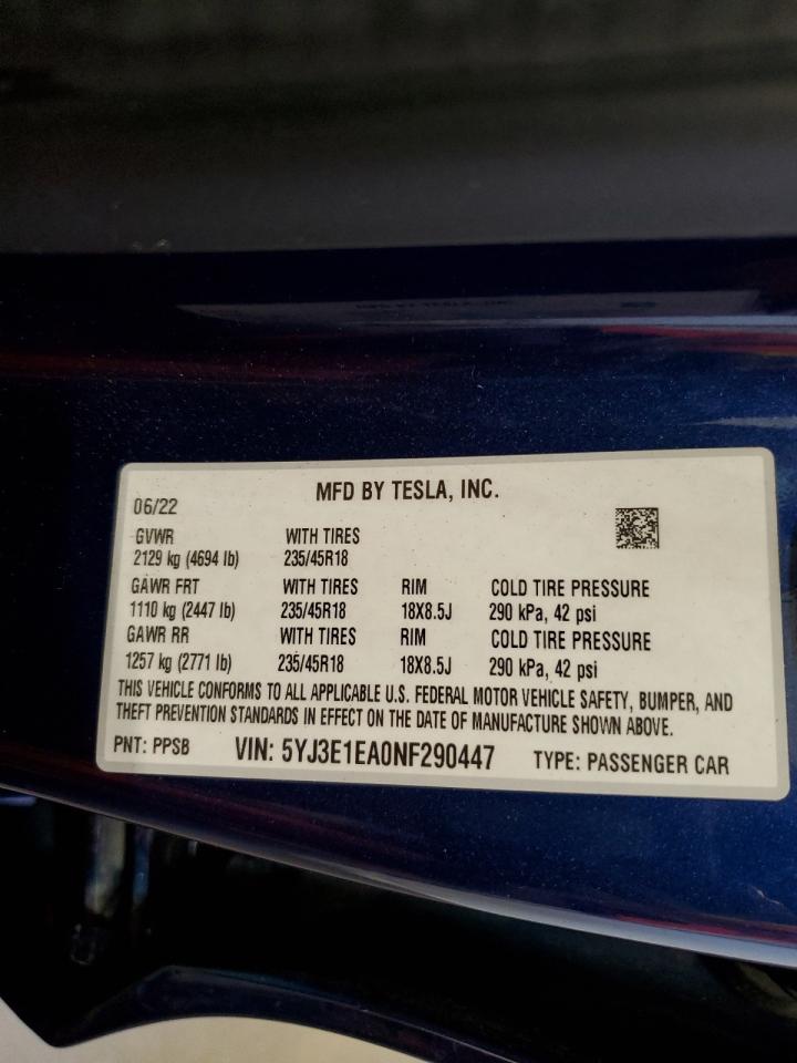 2022 Tesla Model 3 VIN: 5YJ3E1EA0NF290447 Lot: 60050695