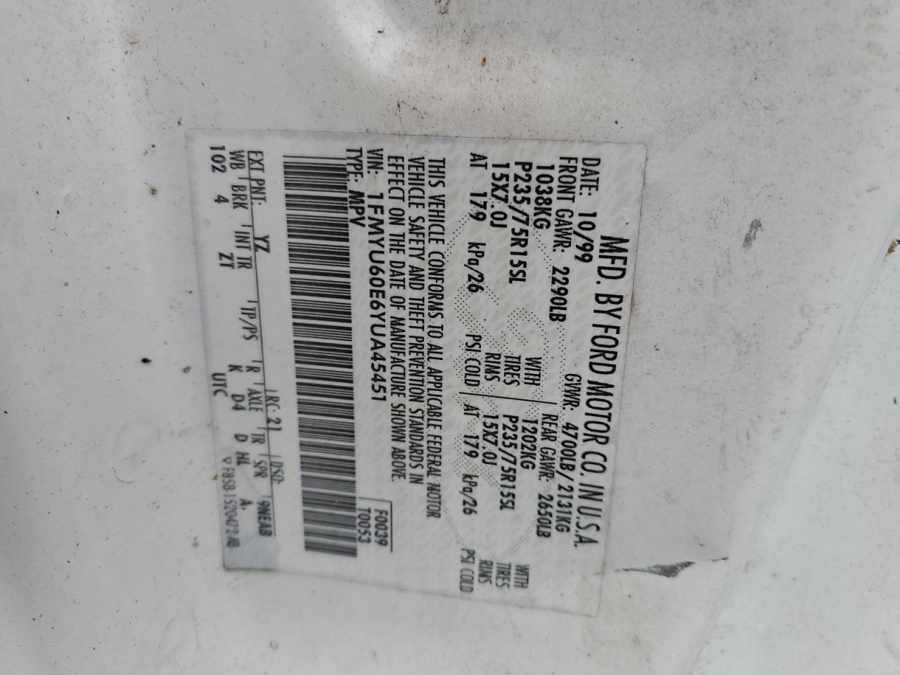 2000 Ford Explorer Sport VIN: 1FMYU60E6YUA45451 Lot: 59874285
