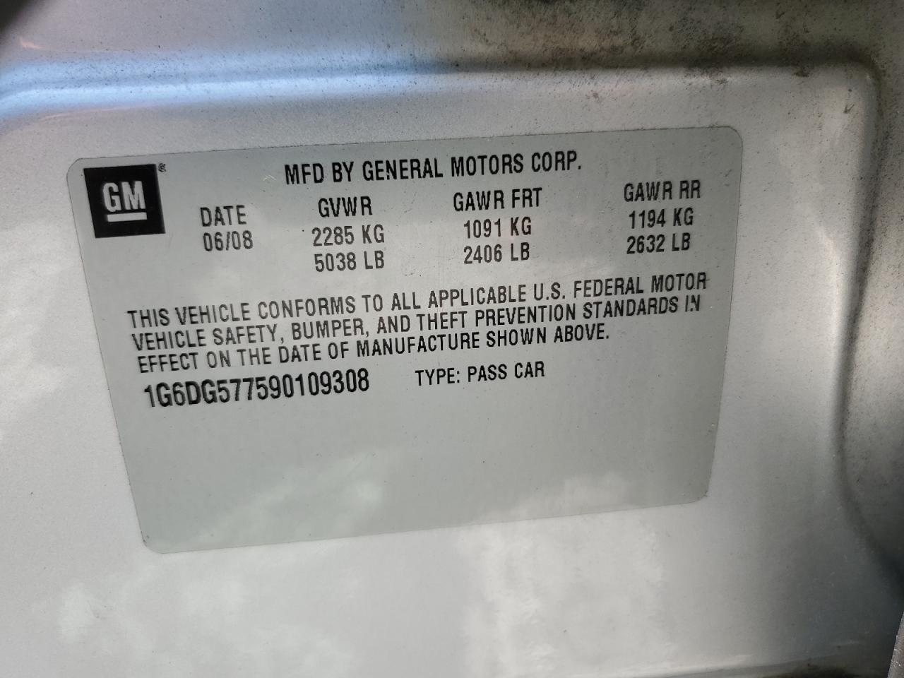 2009 Cadillac Cts VIN: 1G6DG577590109308 Lot: 62871885