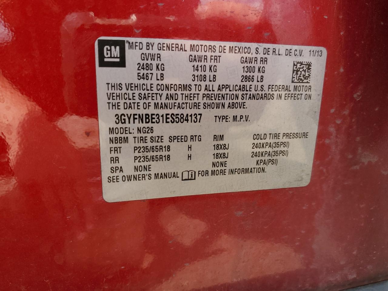 2014 Cadillac Srx Luxury Collection VIN: 3GYFNBE31ES584137 Lot: 65131705