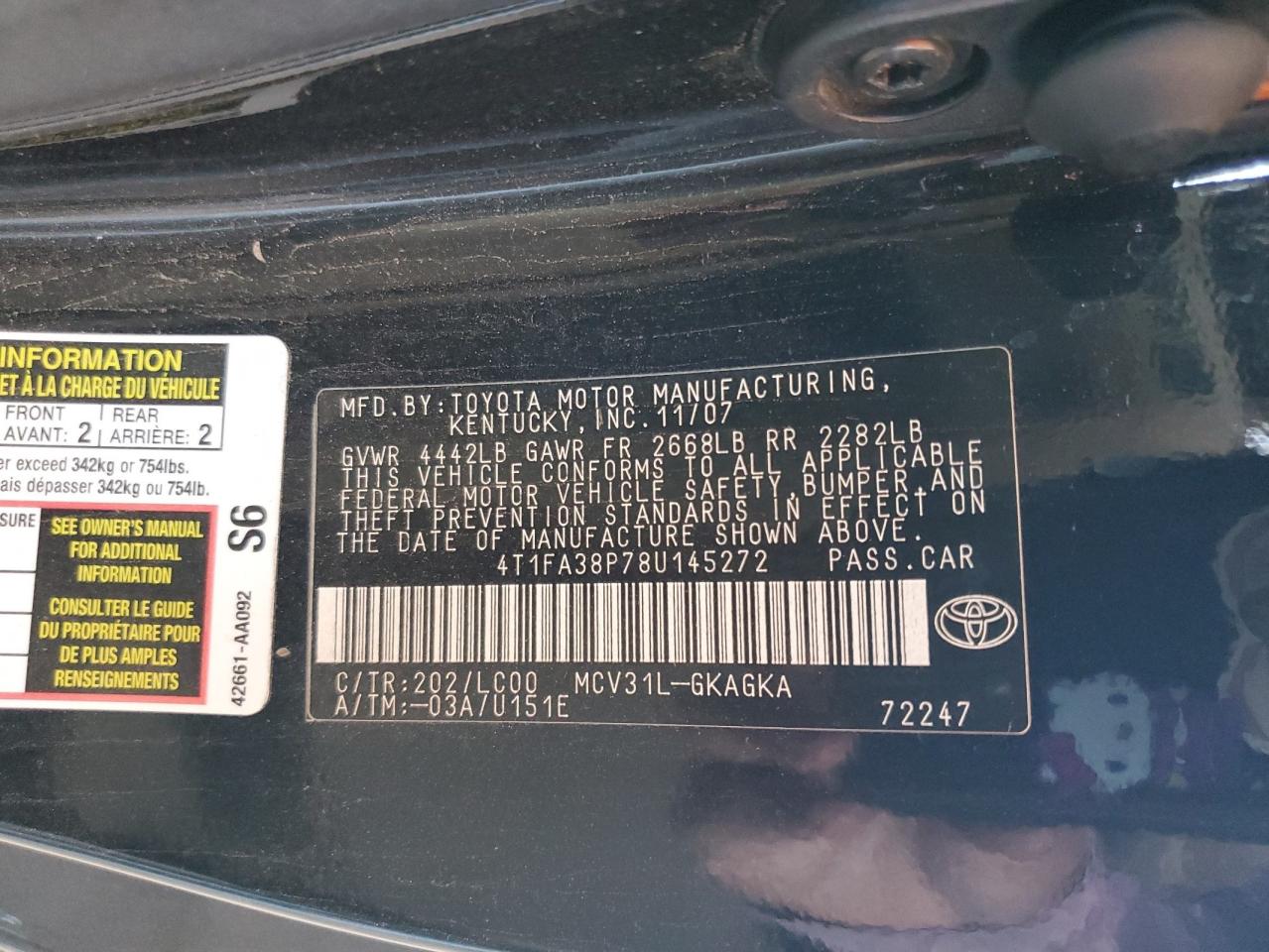 2008 Toyota Camry Solara Se VIN: 4T1FA38P78U145272 Lot: 60674075