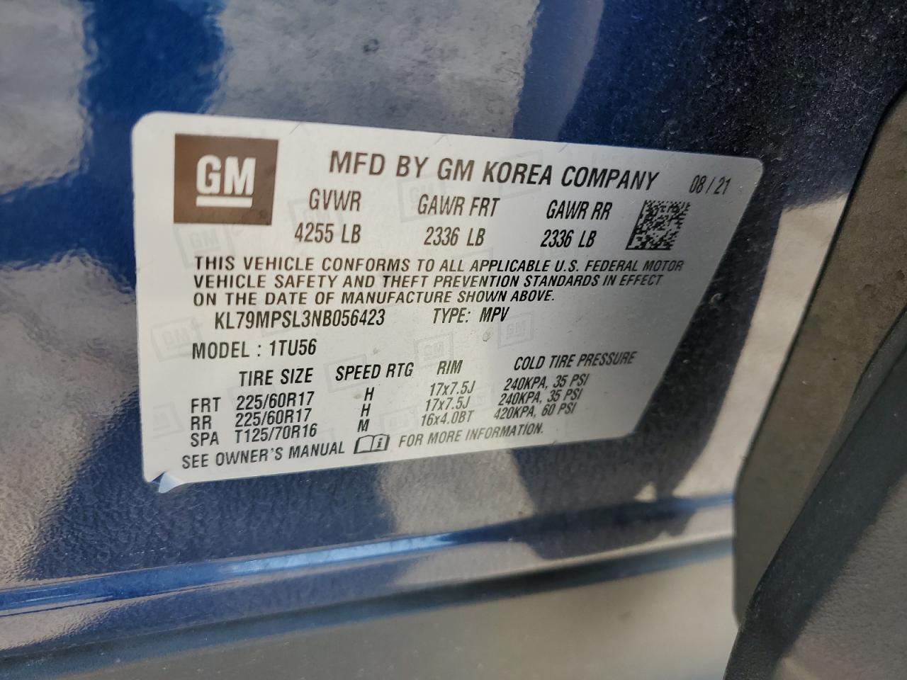 2022 Chevrolet Trailblazer Lt VIN: KL79MPSL3NB056423 Lot: 62209525
