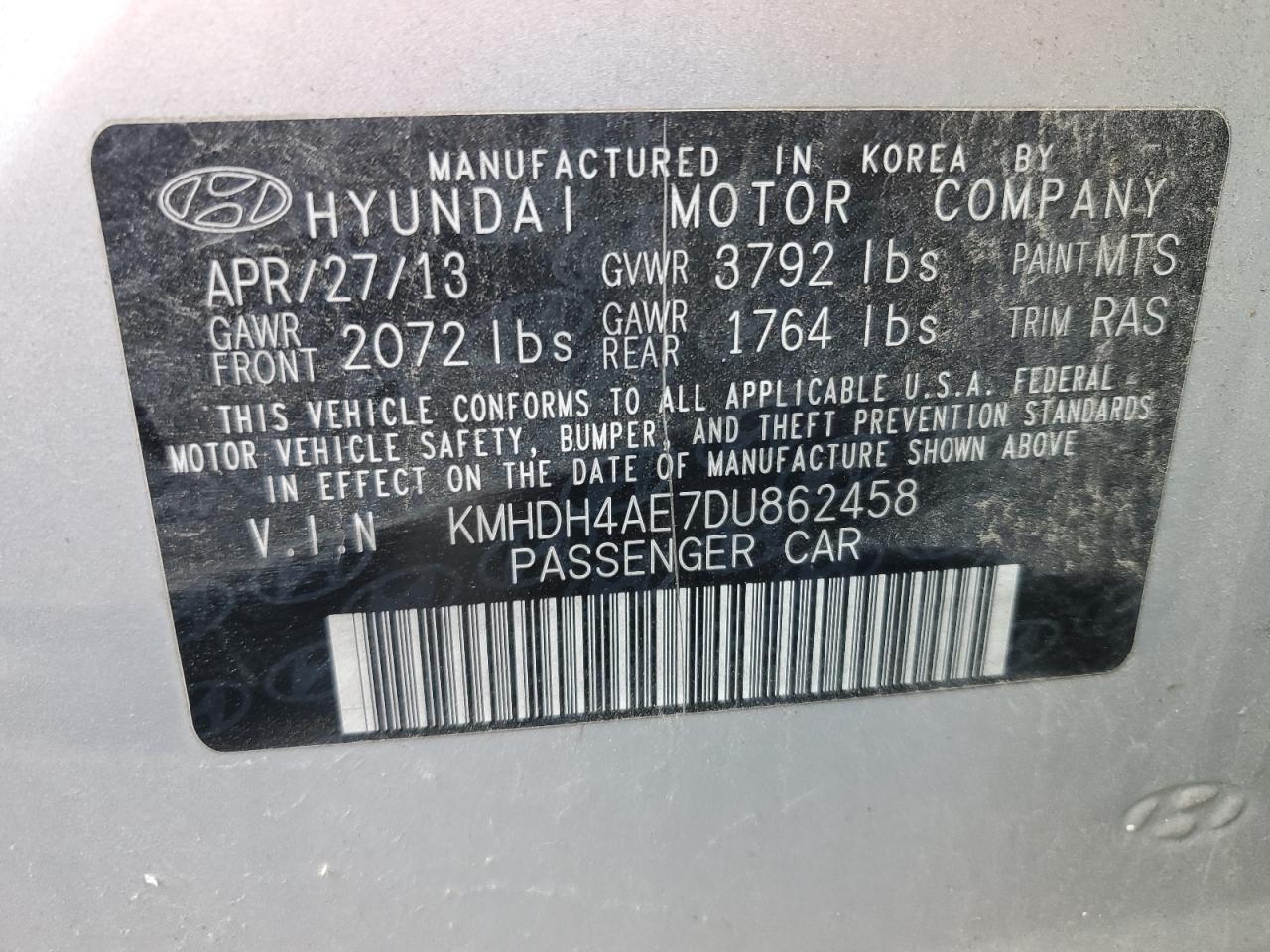 2013 Hyundai Elantra Gls VIN: KMHDH4AE7DU862458 Lot: 62595975