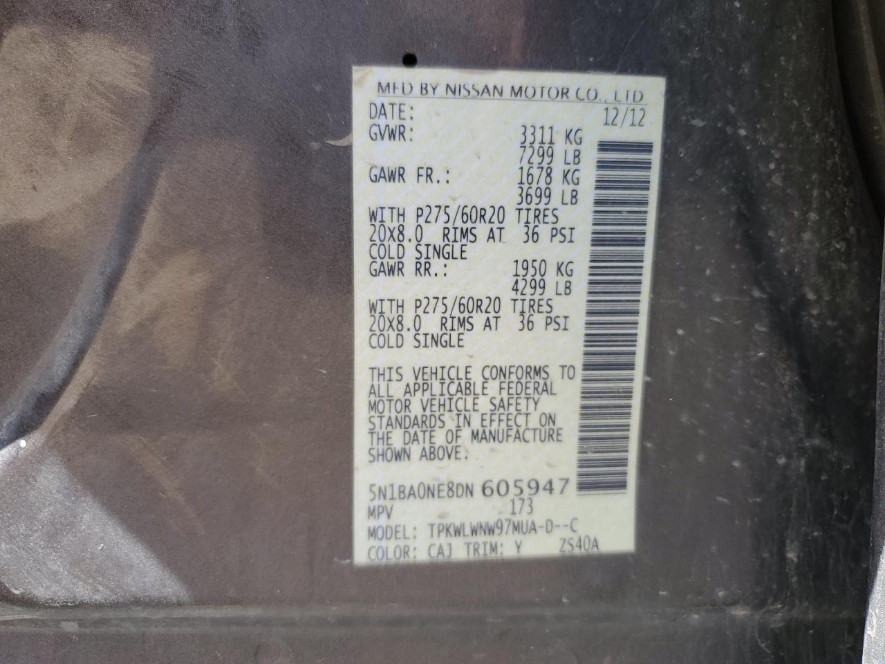 2013 Nissan Armada Platinum VIN: 5N1BA0NE8DN605947 Lot: 61407185