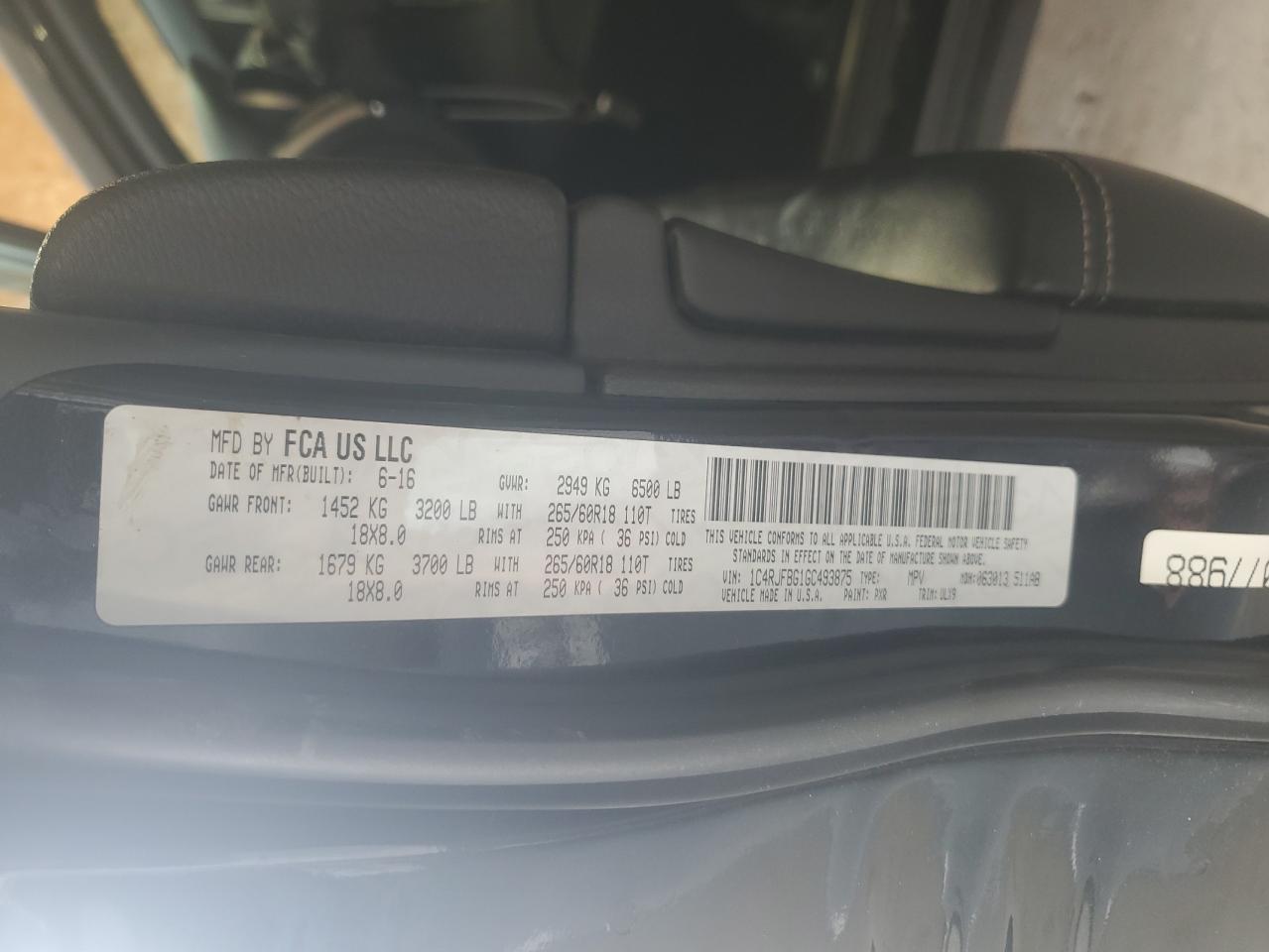 2016 Jeep Grand Cherokee Limited VIN: 1C4RJFBG1GC493875 Lot: 60210145