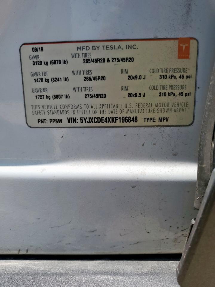 2019 Tesla Model X VIN: 5YJXCDE4XKF196848 Lot: 60069745