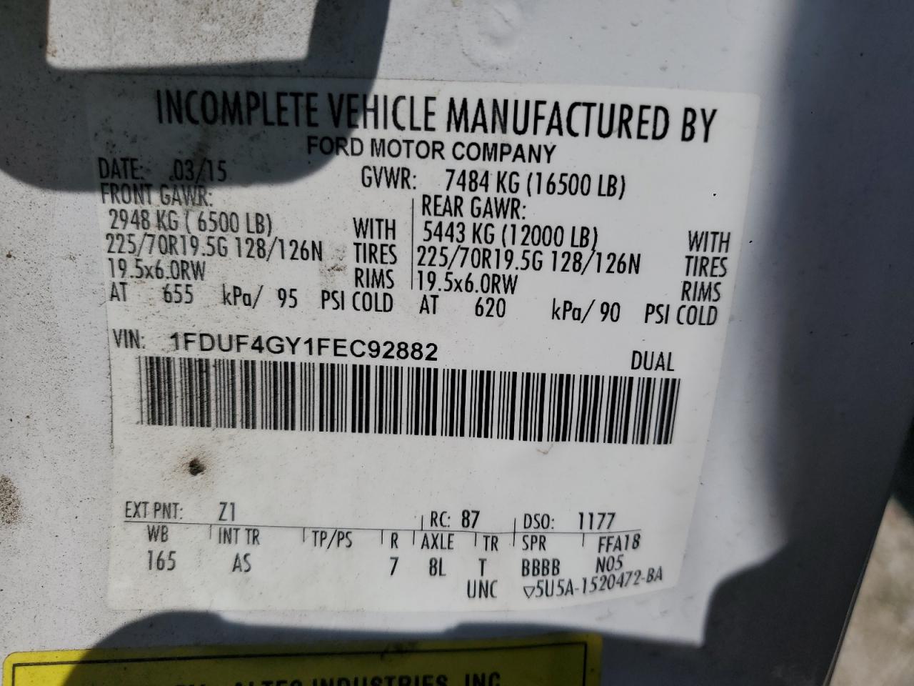 2015 Ford F450 Super Duty VIN: 1FDUF4GY1FEC92882 Lot: 61363505