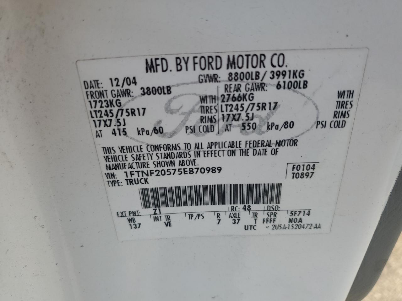 2005 Ford F250 Super Duty VIN: 1FTNF20575EB70989 Lot: 61671485