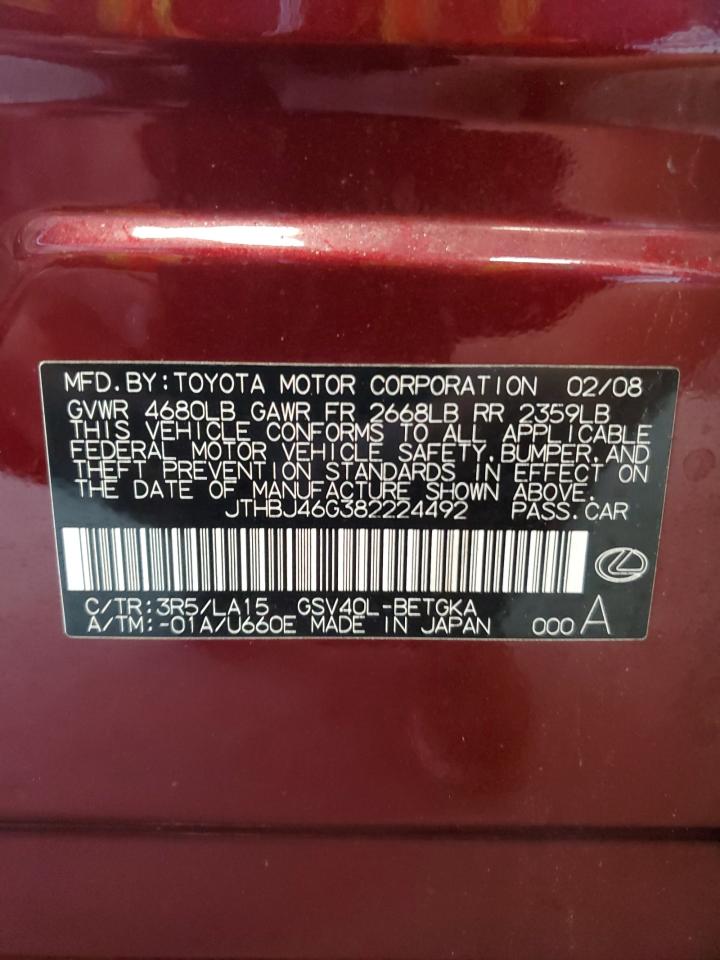 2008 Lexus Es 350 VIN: JTHBJ46G382224492 Lot: 62100755