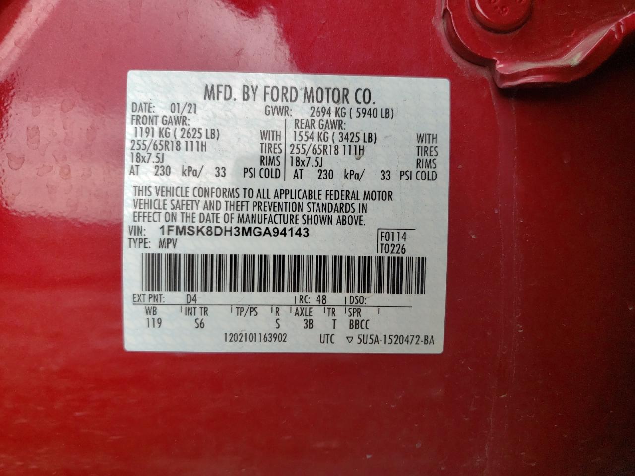 2021 Ford Explorer Xlt VIN: 1FMSK8DH3MGA94143 Lot: 61403145