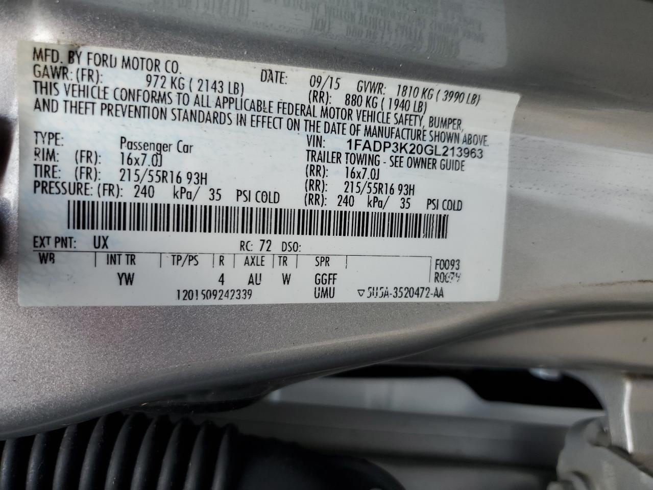 2016 Ford Focus Se VIN: 1FADP3K20GL213963 Lot: 62890395