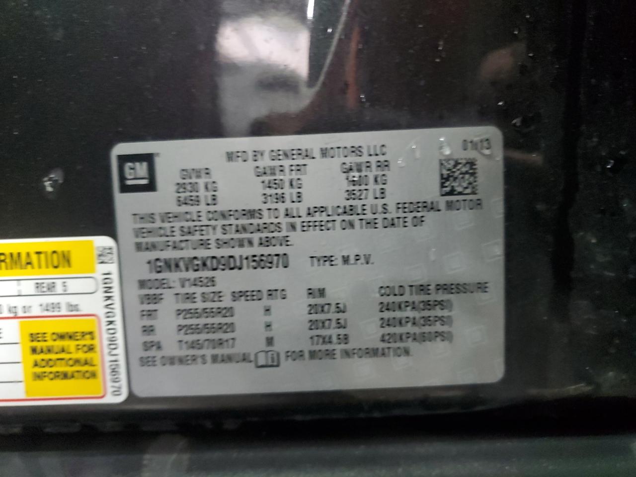 2013 Chevrolet Traverse Lt VIN: 1GNKVGKD9DJ156970 Lot: 61683975