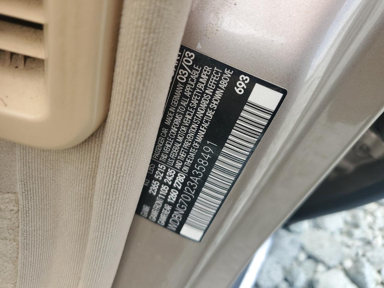 2003 Mercedes-Benz S 430 VIN: WDBNG70J23A358491 Lot: 59743965