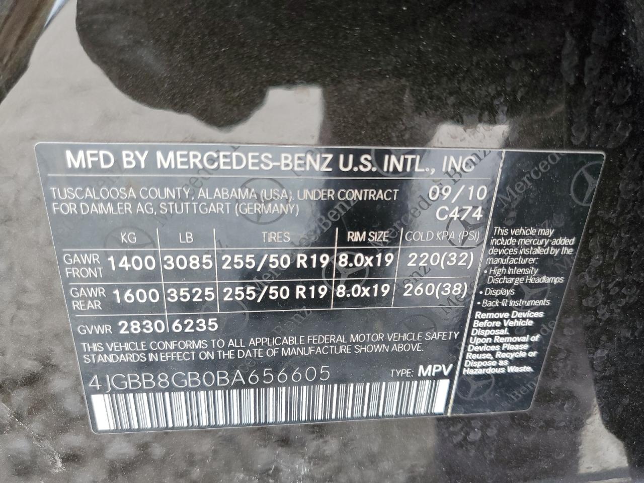 2011 Mercedes-Benz Ml 350 4Matic VIN: 4JGBB8GB0BA656605 Lot: 62645195