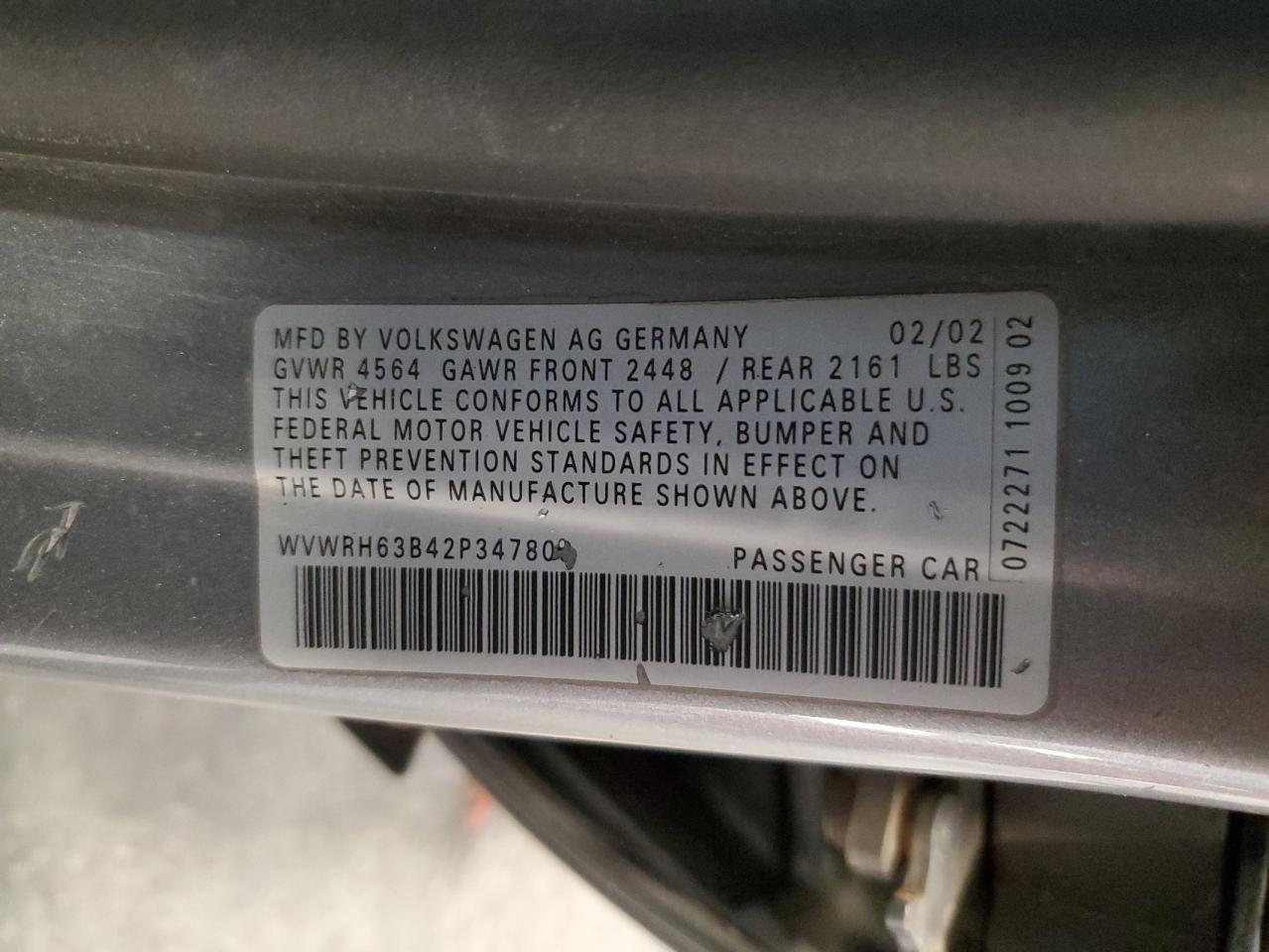 2002 Volkswagen Passat Glx VIN: WVWRH63B42P347809 Lot: 62572685