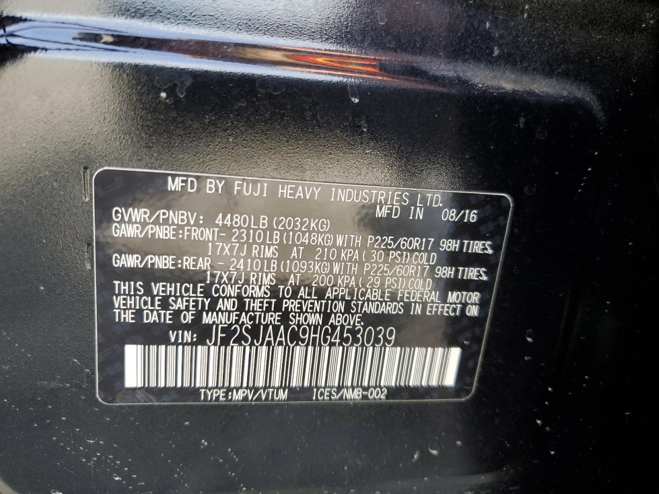 2017 Subaru Forester 2.5I VIN: JF2SJAAC9HG453039 Lot: 60892065