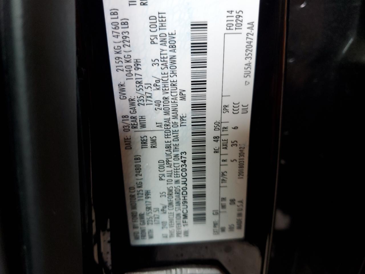 2018 Ford Escape Sel VIN: 1FMCU9HD0JUC03473 Lot: 59991815