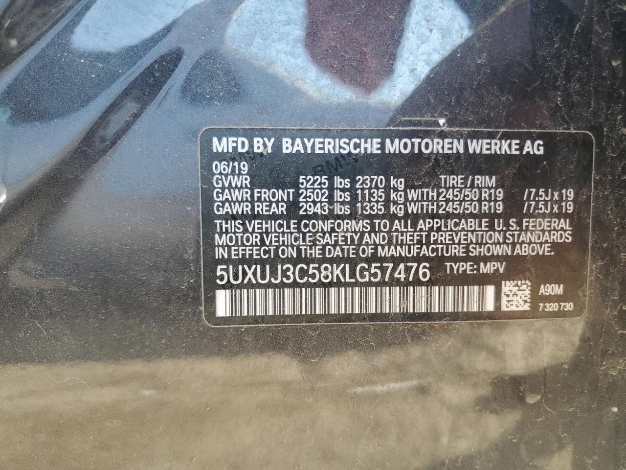 2019 BMW X4 xDrive30I VIN: 5UXUJ3C58KLG57476 Lot: 62164985
