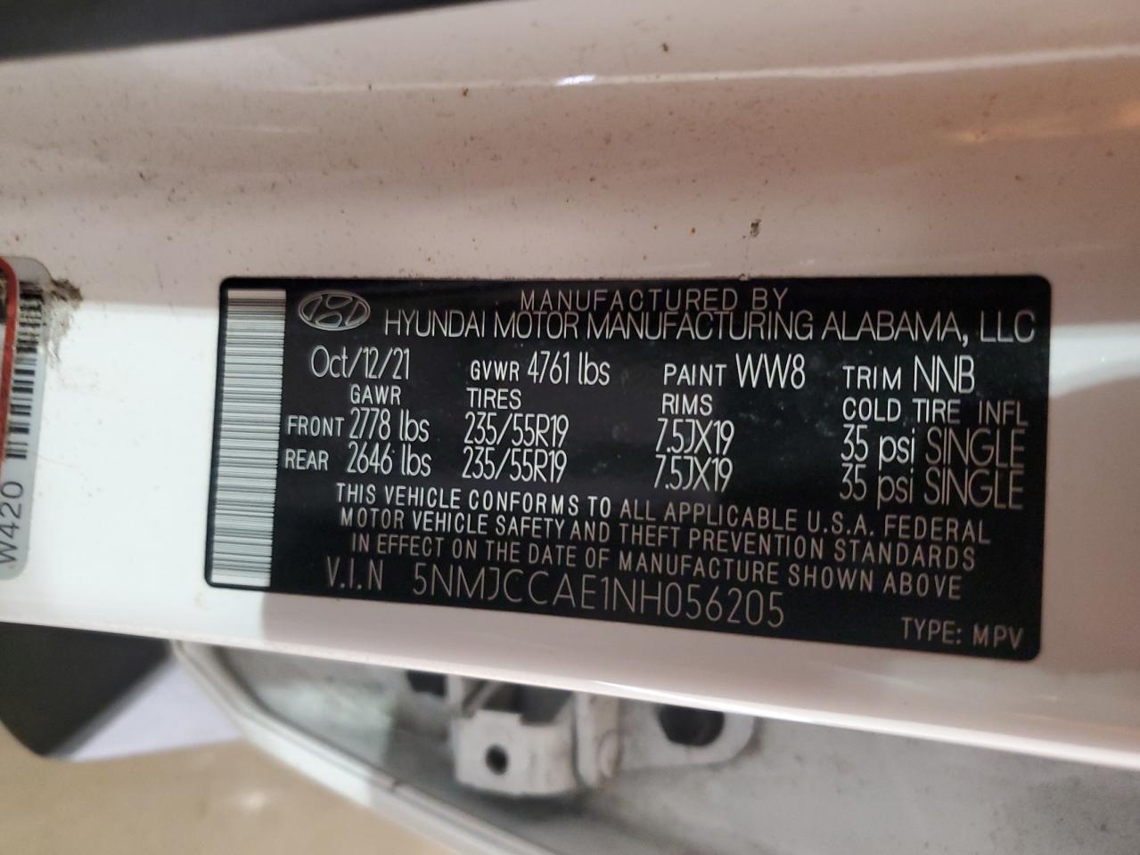 2022 Hyundai Tucson Sel VIN: 5NMJCCAE1NH056205 Lot: 62470585