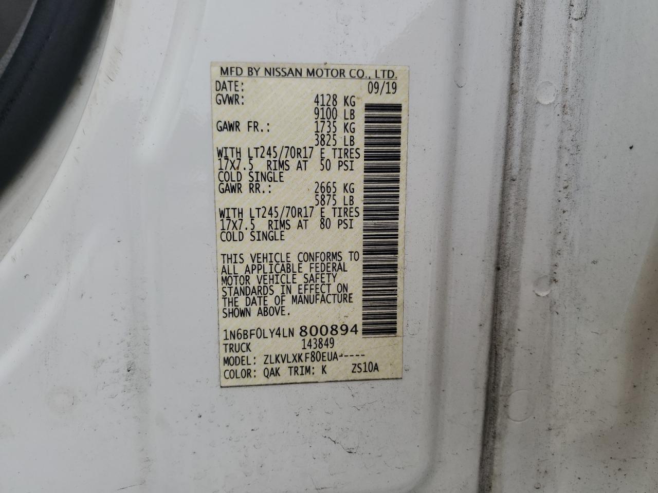 2020 Nissan Nv 2500 S VIN: 1N6BF0LY4LN800894 Lot: 60702485