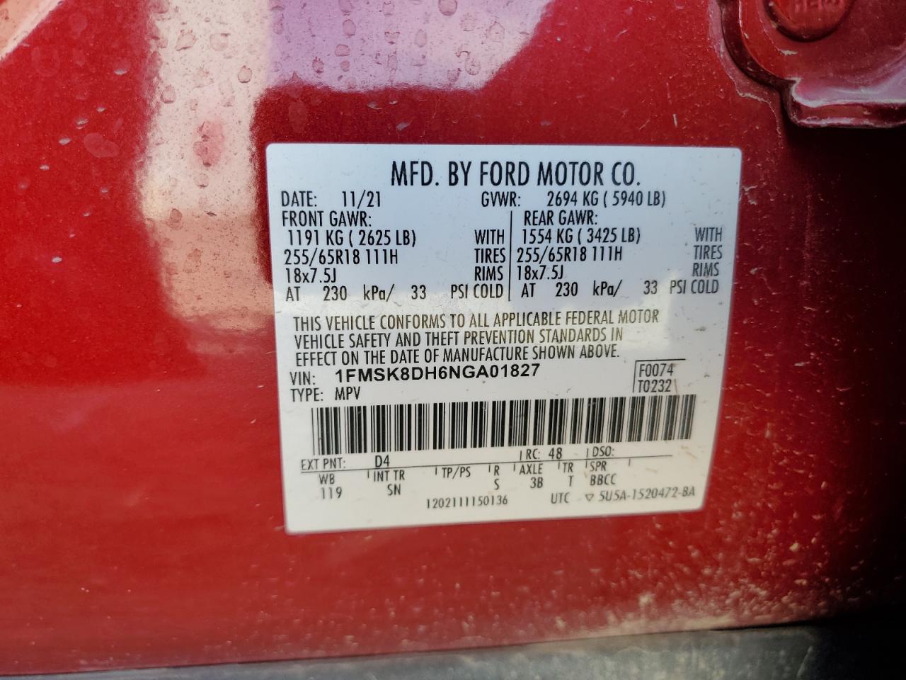 2022 Ford Explorer Xlt VIN: 1FMSK8DH6NGA01827 Lot: 62579775