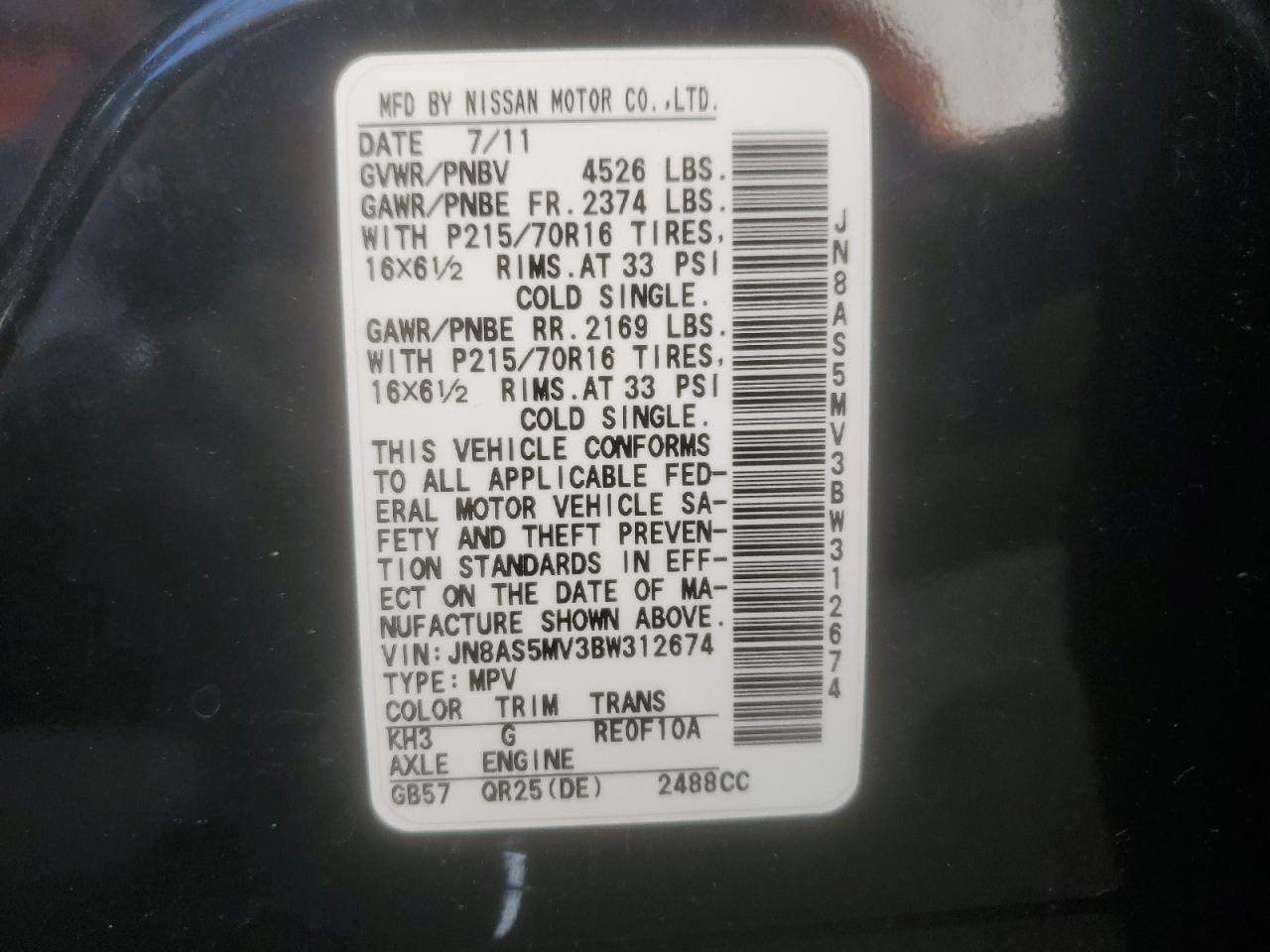 NISSAN ROGUE 2011 VIN JN8AS5MV3BW312674 фото 13