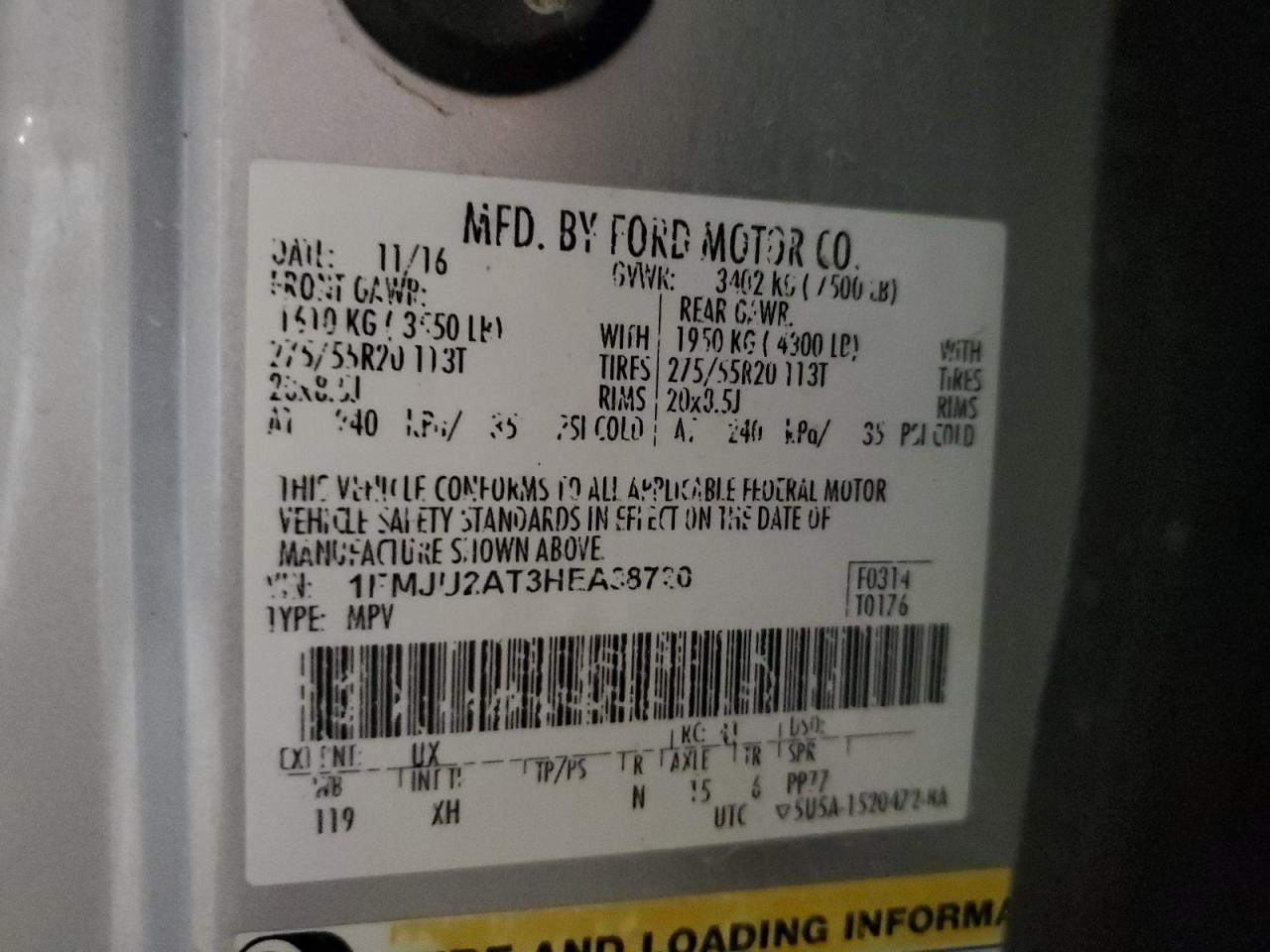 2017 Ford Expedition Limited VIN: 1FMJU2AT3HEA38720 Lot: 62186975