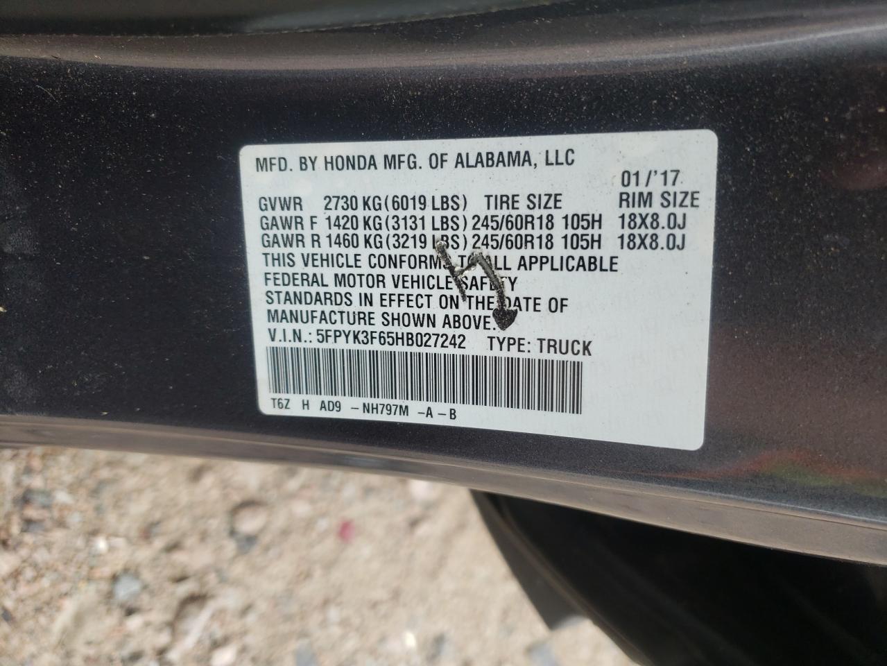 2017 Honda Ridgeline Rtl VIN: 5FPYK3F65HB027242 Lot: 62584355