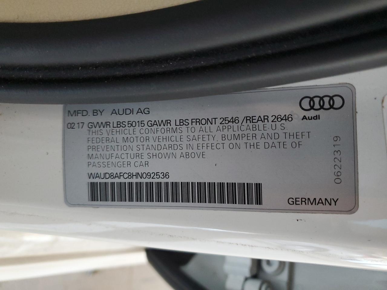2017 Audi A6 Premium Plus VIN: WAUD8AFC8HN092536 Lot: 62597345